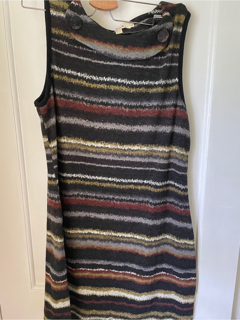 Aryeh Black Knit Top with Red, Mustard and Gray Painterly Stripes